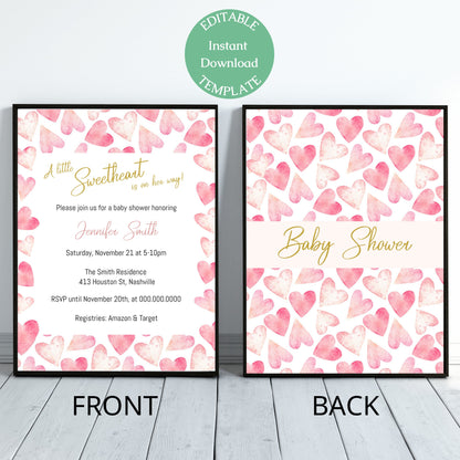 Valentine Baby Shower Invitation, Little Sweetheart Girl Baby Shower, Pink Hearts Invitation, Editable Digital Download