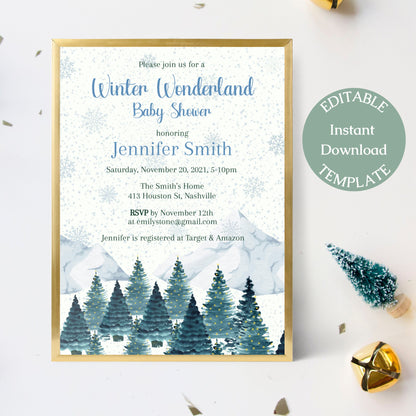 Winter Wonderland Baby Shower Invitation Template, Modern Boy Winter Baby Shower Invite, Editable Digital Download