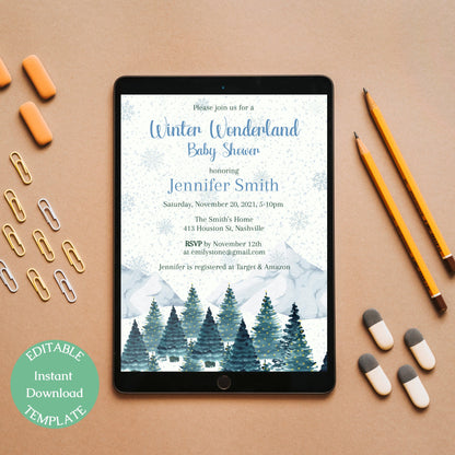 Winter Wonderland Baby Shower Invitation Template, Modern Boy Winter Baby Shower Invite, Editable Digital Download