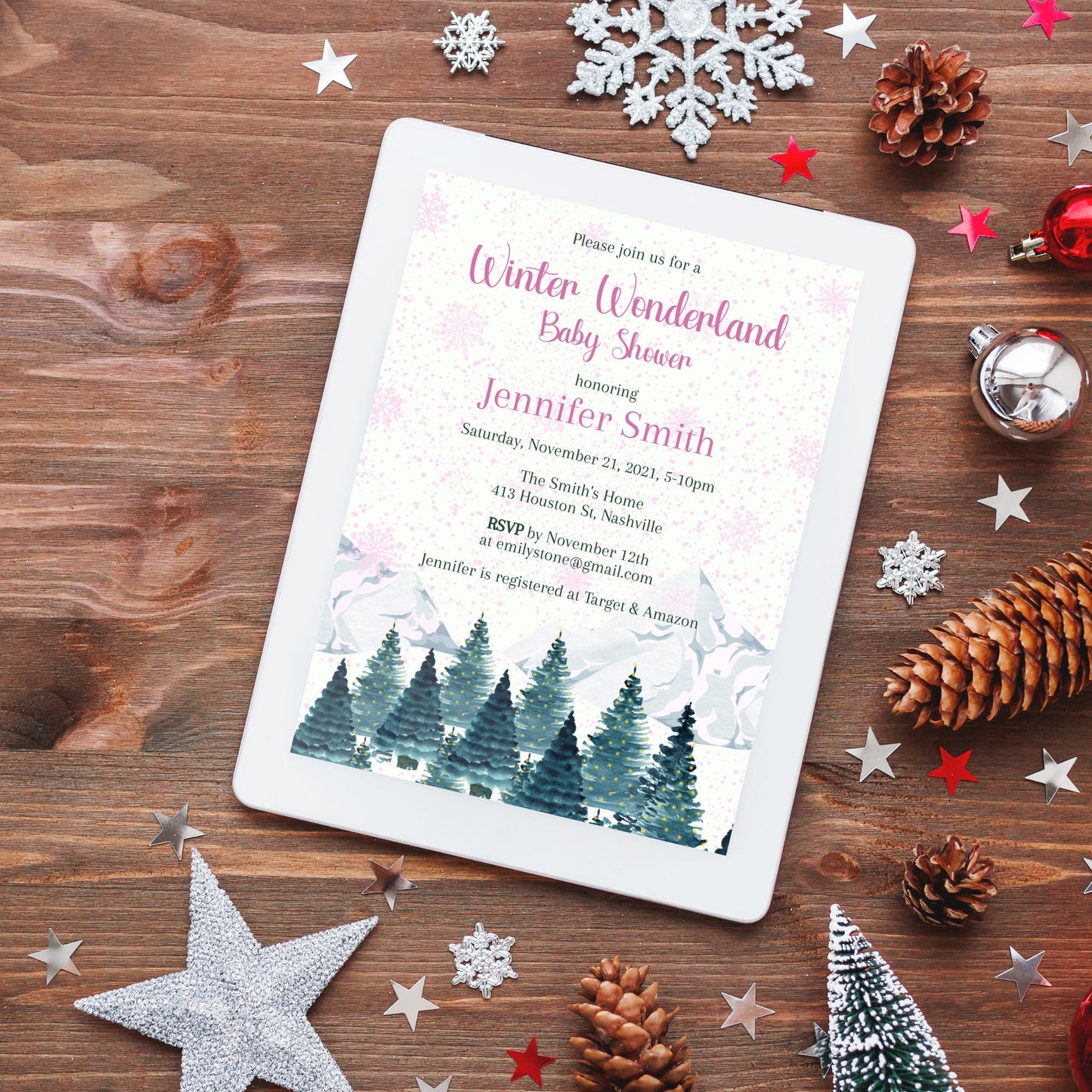 Winter Wonderland Baby Shower Invitation Template, Modern Girl Winter Baby Shower Invite, Editable Digital Download