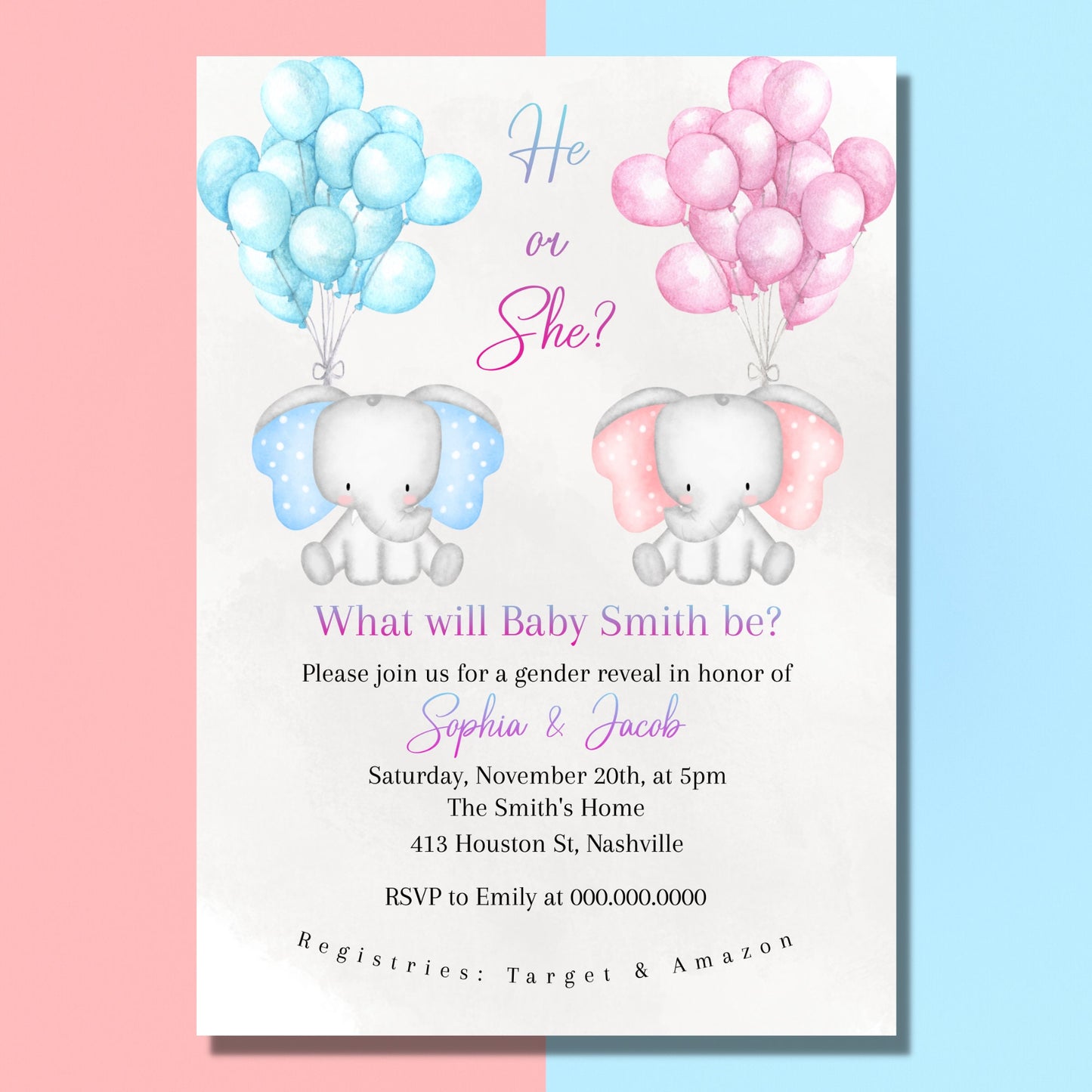 Gender Reveal Invitation Template, He or She Elephant Invite, Pink Blue Baby Shower, Editable Template, Digital Download