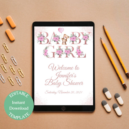 Baby Girl Bear Baby Shower Welcome Sign Template, Rose Gold Letters Baby Shower Sign, Editable Instant Download