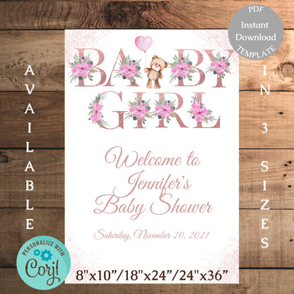 Baby Girl Bear Baby Shower Welcome Sign Template, Rose Gold Letters Baby Shower Sign, Editable Instant Download