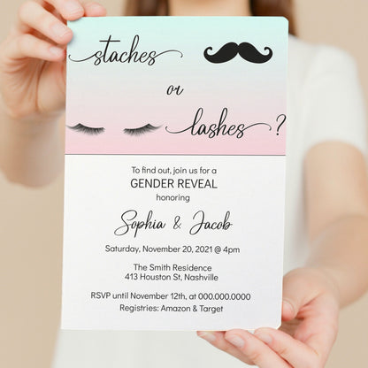 Gender Reveal Invitation Template, Staches or Lashes Invite, He or She Gender Reveal, Editable Digital Download