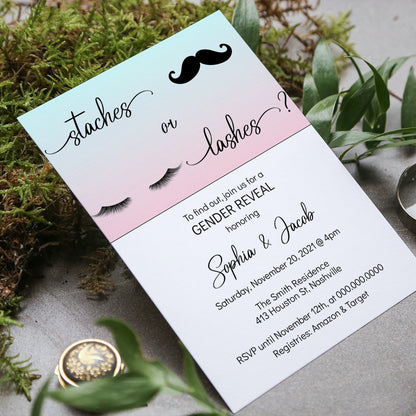 Gender Reveal Invitation Template, Staches or Lashes Invite, He or She Gender Reveal, Editable Digital Download