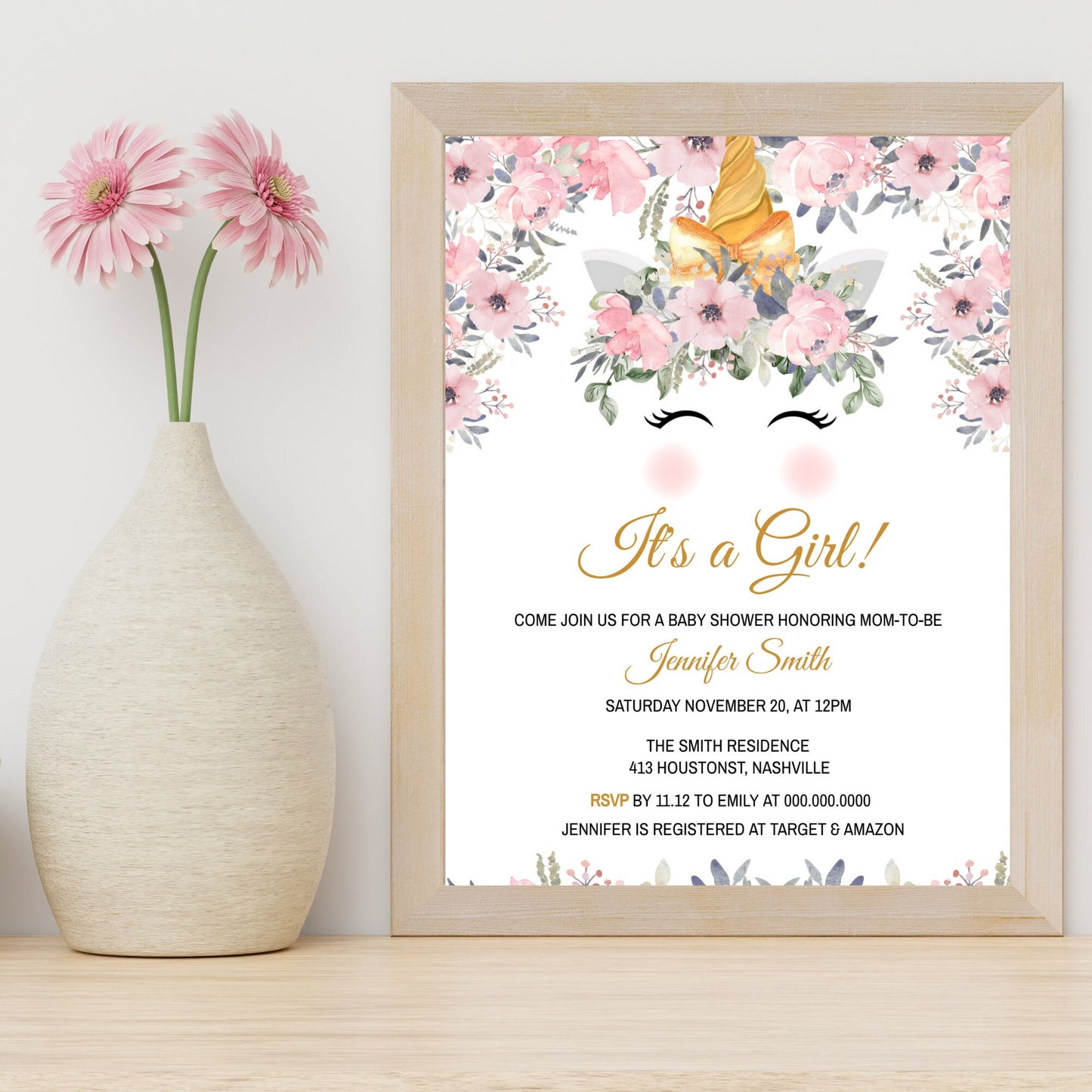 Floral Unicorn Baby Shower Invitation Template, Modern Girl Baby Shower Theme, Editable Template, Instant Download