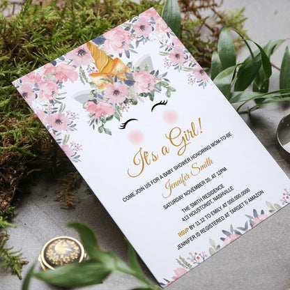 Floral Unicorn Baby Shower Invitation Template, Modern Girl Baby Shower Theme, Editable Template, Instant Download