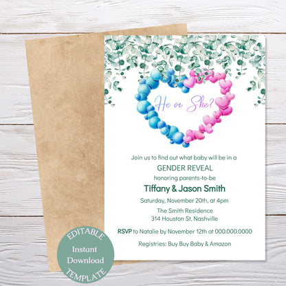 Gender Reveal Invitation Template, He or She Eucalyptus Invite, Greenery Gender Reveal, Editable Digital Download