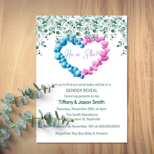 Gender Reveal Invitation Template, He or She Eucalyptus Invite, Greenery Gender Reveal, Editable Digital Download