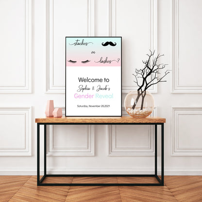 Gender Reveal Welcome Sign Template, Staches or Lashes Welcome Sign, He or She Gender Reveal, Editable Digital Download