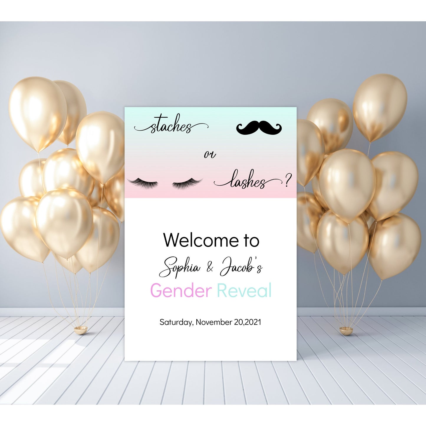 Gender Reveal Welcome Sign Template, Staches or Lashes Welcome Sign, He or She Gender Reveal, Editable Digital Download