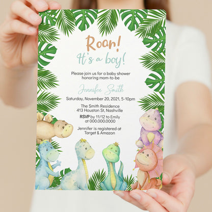 Dinosaur Baby Shower Invitation Template, Dino Boy Baby Shower Invite, Editable Digital Template, Instant download