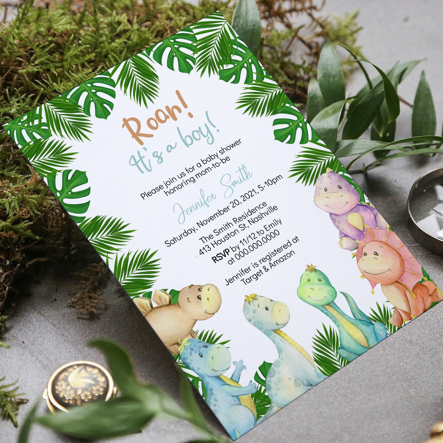 Dinosaur Baby Shower Invitation Template, Dino Boy Baby Shower Invite, Editable Digital Template, Instant download