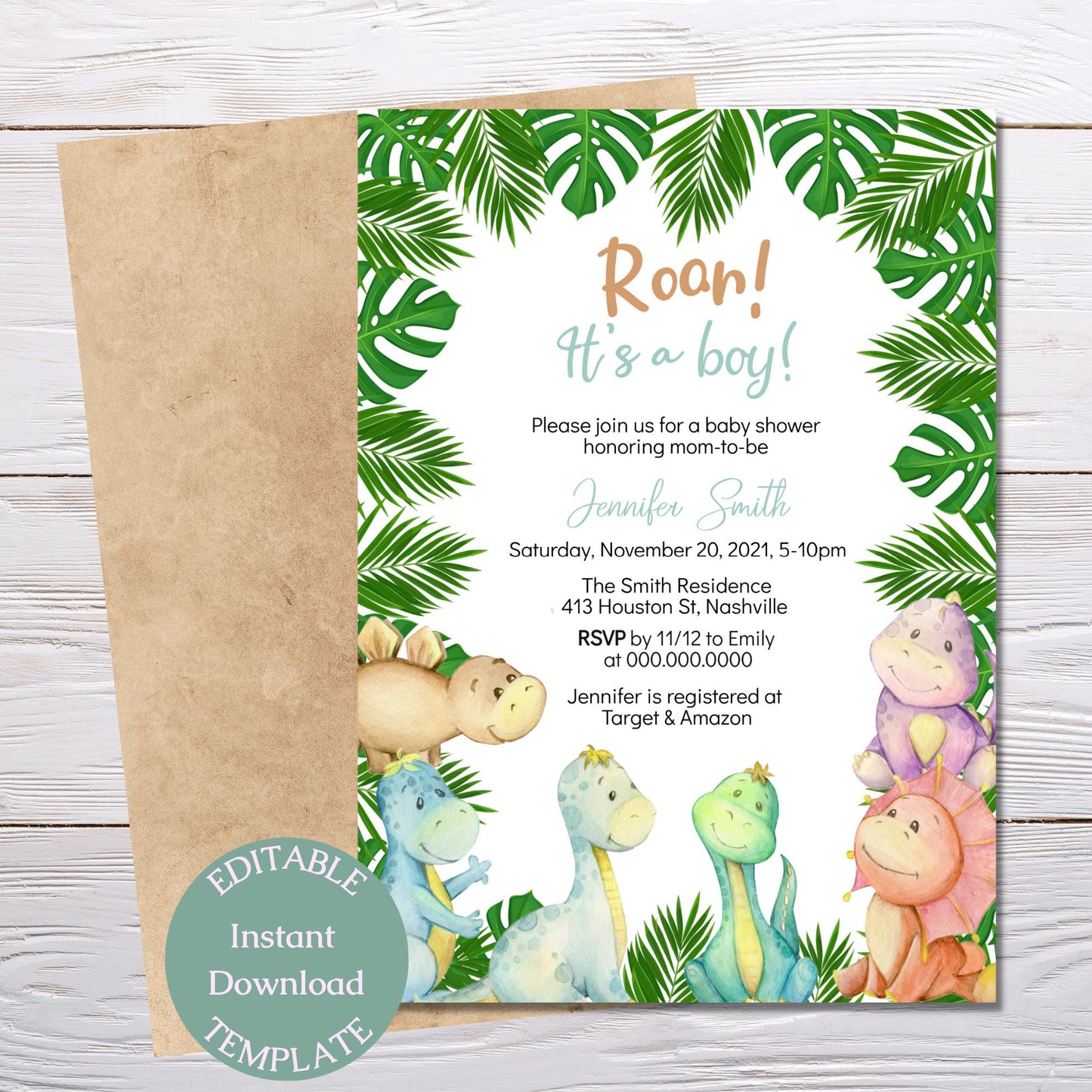 Dinosaur Baby Shower Invitation Template, Dino Boy Baby Shower Invite, Editable Digital Template, Instant download