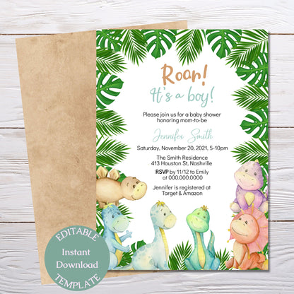 Dinosaur Baby Shower Invitation Template, Dino Boy Baby Shower Invite, Editable Digital Template, Instant download