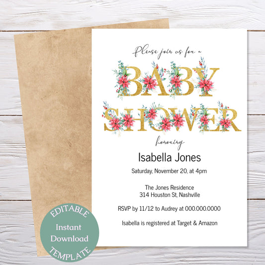 Floral Gold Baby Shower Invitation Template, Modern Girl Flowers Baby Shower Invite, Editable Template, Instant Download