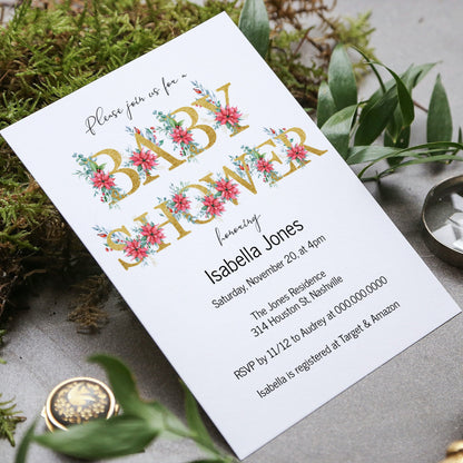 Floral Gold Baby Shower Invitation Template, Modern Girl Flowers Baby Shower Invite, Editable Template, Instant Download