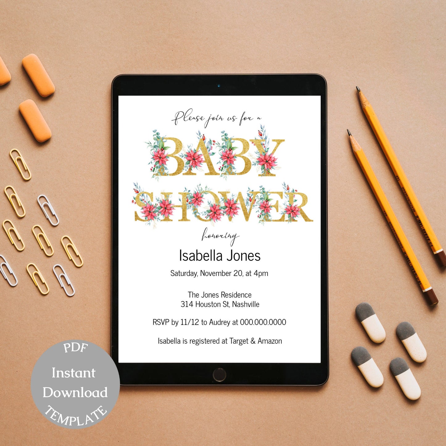 Floral Gold Baby Shower Invitation Template, Modern Girl Flowers Baby Shower Invite, Editable Template, Instant Download