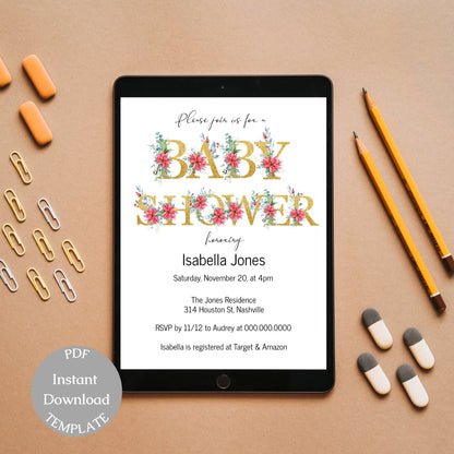 Floral Gold Baby Shower Invitation Template, Modern Girl Flowers Baby Shower Invite, Editable Template, Instant Download