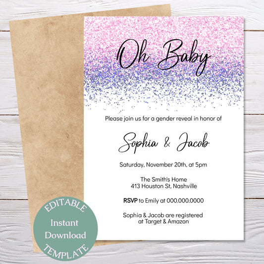 Gender Reveal Invitation Template, Pink Blue Oh Baby Invite, He or She Gender Reveal, Editable Digital Download