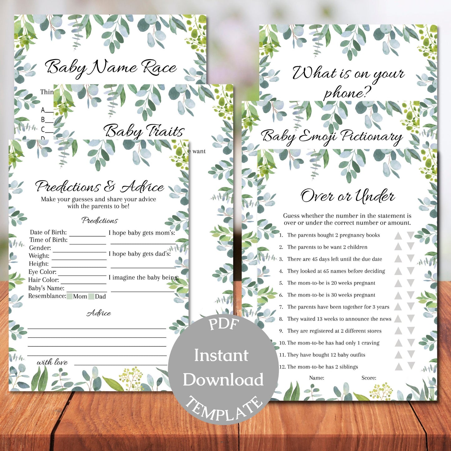 10 Greenery Baby Shower Games, Eucalyptus Baby Shower Game Bundle PDF, Fun Baby Shower Games, Digital Instant Download