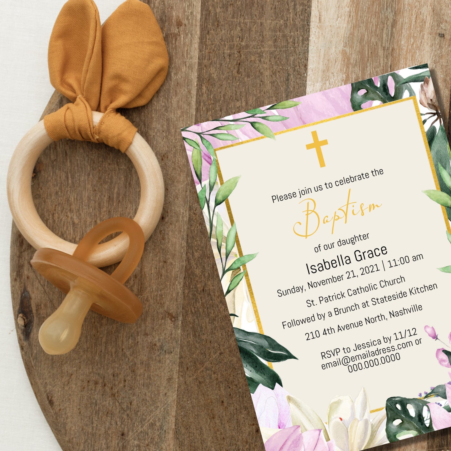 Floral Gold Baptism Invitation Template, Modern Girl Flowers Baptism Invite, Editable Template, Instant Download