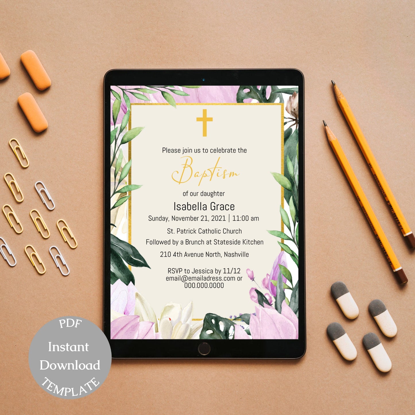 Floral Gold Baptism Invitation Template, Modern Girl Flowers Baptism Invite, Editable Template, Instant Download