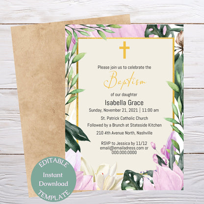 Floral Gold Baptism Invitation Template, Modern Girl Flowers Baptism Invite, Editable Template, Instant Download