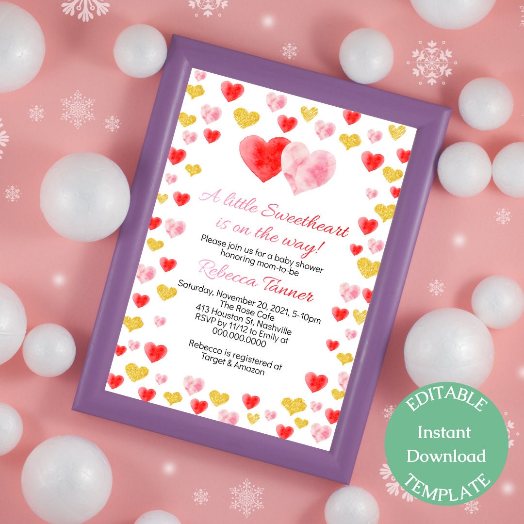 Valentine Baby Shower Invitation Template, Little Sweetheart Baby Shower, Hearts Invitation, Editable Digital Download