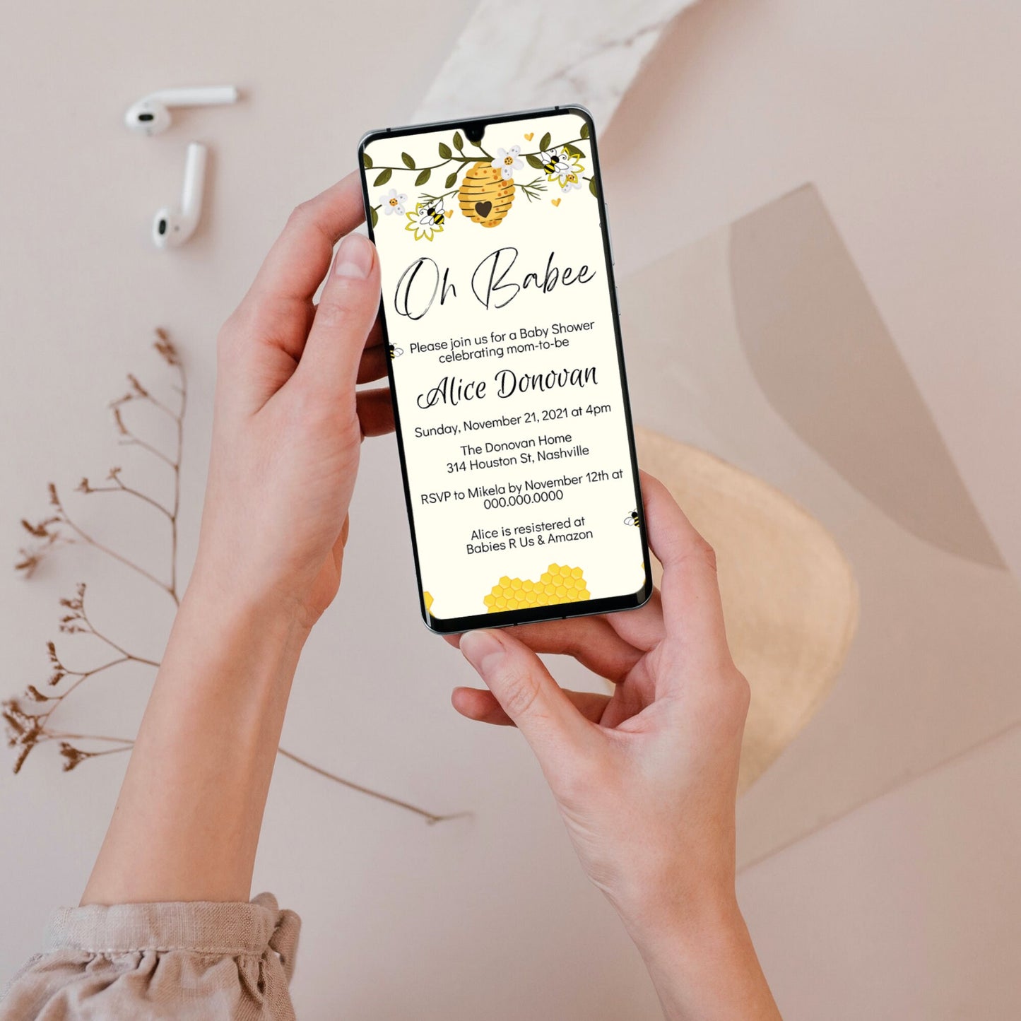 Bee Baby Shower Invitation Template, Oh Babee Honey Bees Baby Shower Invite, Editable Digital Template, Instant download