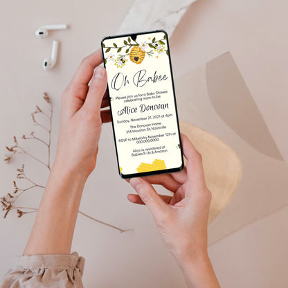 Bee Baby Shower Invitation Template, Oh Babee Honey Bees Baby Shower Invite, Editable Digital Template, Instant download