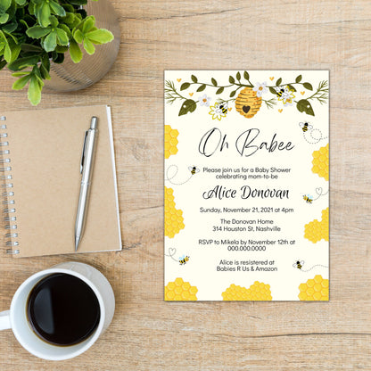 Bee Baby Shower Invitation Template, Oh Babee Honey Bees Baby Shower Invite, Editable Digital Template, Instant download