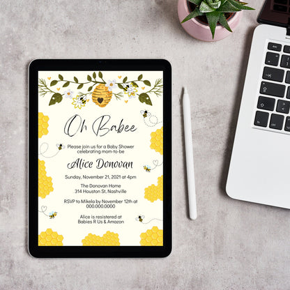 Bee Baby Shower Invitation Template, Oh Babee Honey Bees Baby Shower Invite, Editable Digital Template, Instant download