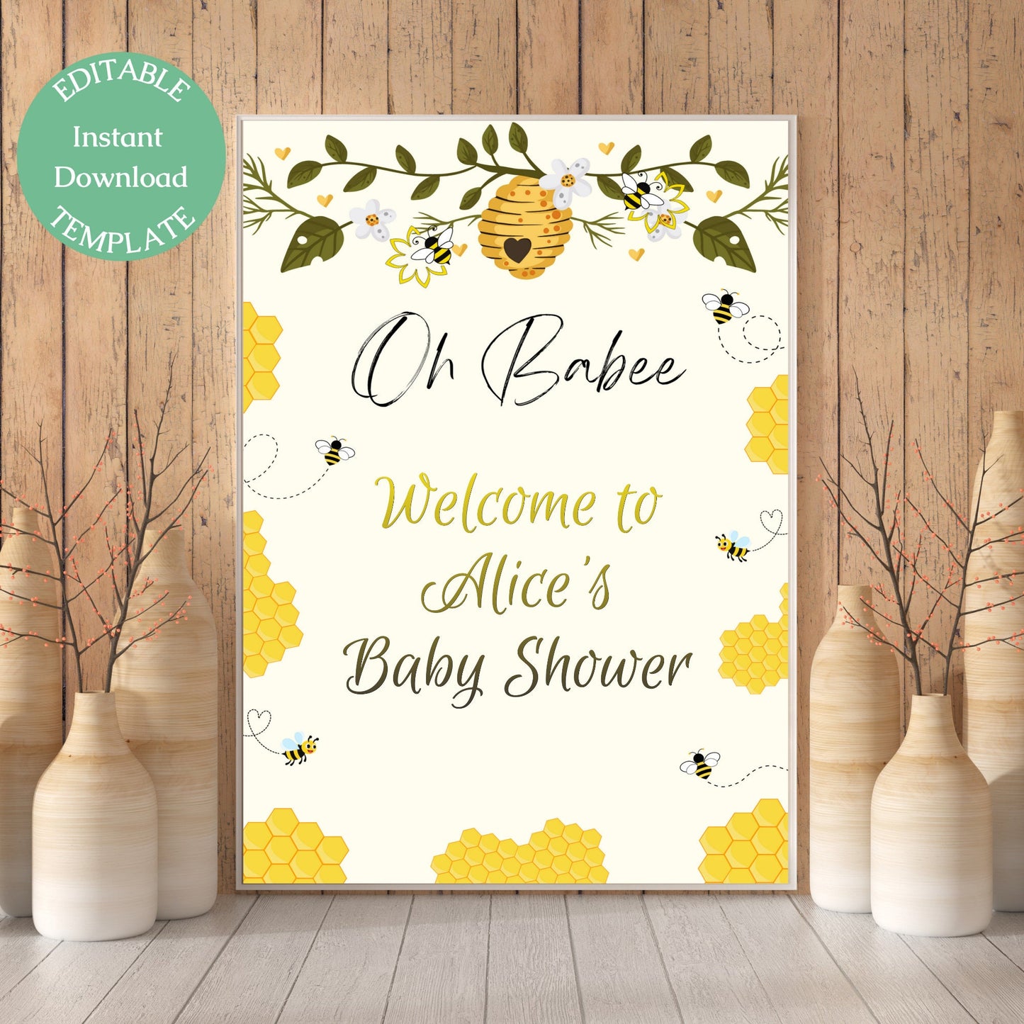 Bee Baby Shower Welcome Sign Template, Oh Babee Bees Honey Baby Shower Sign, Editable Template, Digital Instant Download