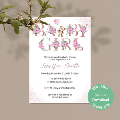 Baby Girl Bear Baby Shower Invitation Template, Rose Gold Letters Baby Shower Invite, Editable Template, Instant Download