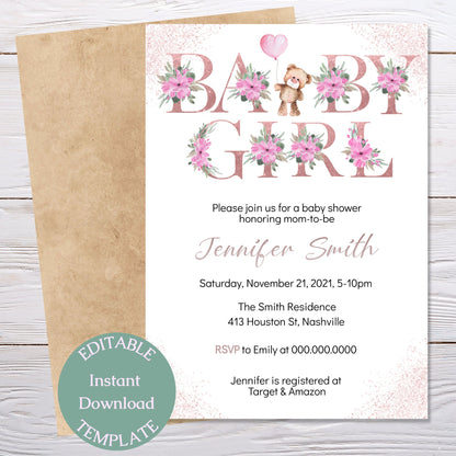 Baby Girl Bear Baby Shower Invitation Template, Rose Gold Letters Baby Shower Invite, Editable Template, Instant Download