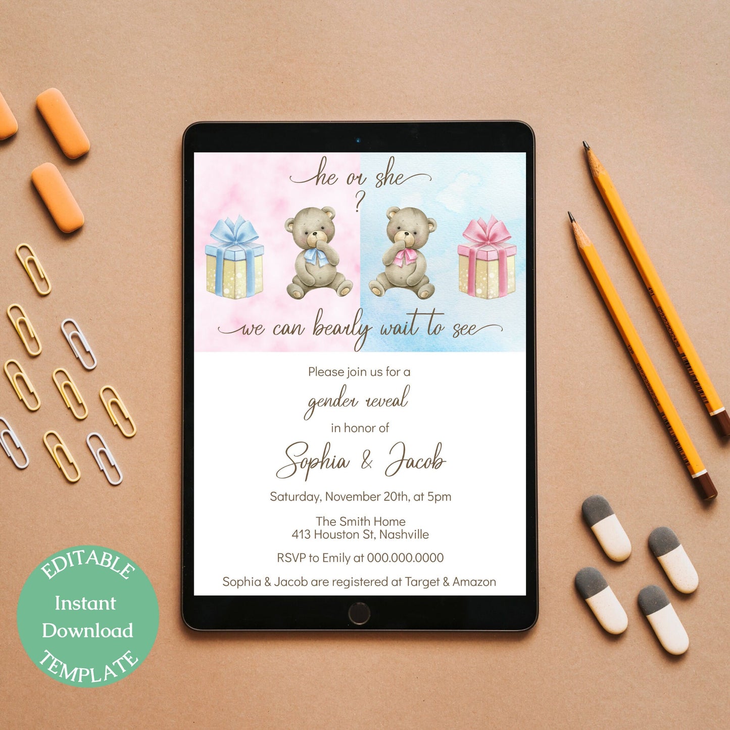 Gender Reveal Invitation Template, Pink Blue Balloon Invite, He or She Gender Reveal, Editable Digital Download