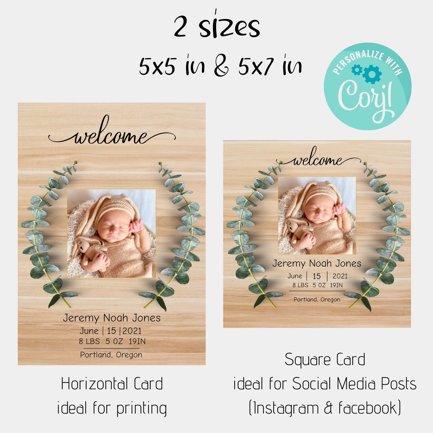 Eucalyptus Baby Birth Announcement Template, Greenery Social Media Post Birth Announcement, Editable Digital Download