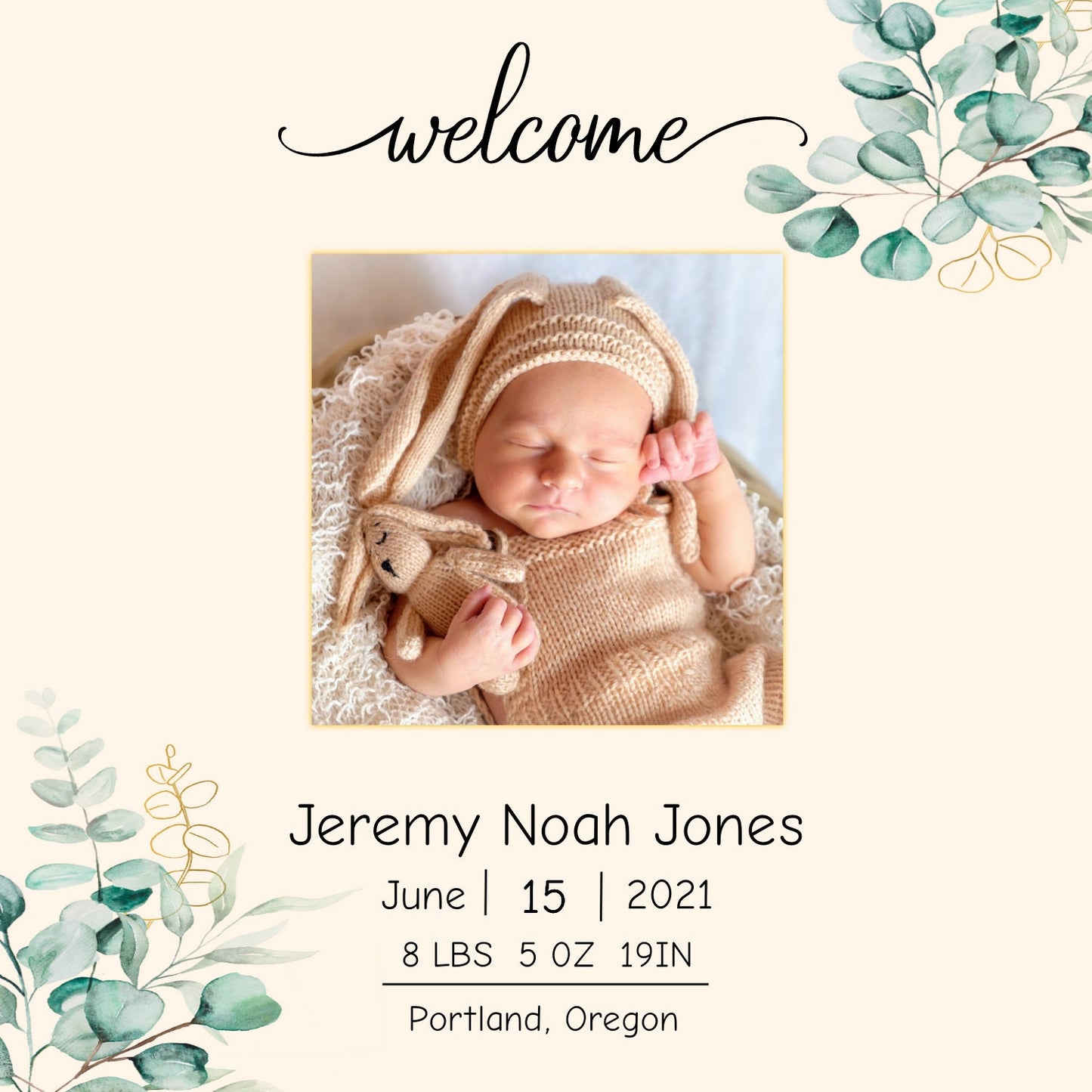 Greenery Baby Birth Announcement Template, Elegant Social Media Post Birth Announcement, Editable Digital Download