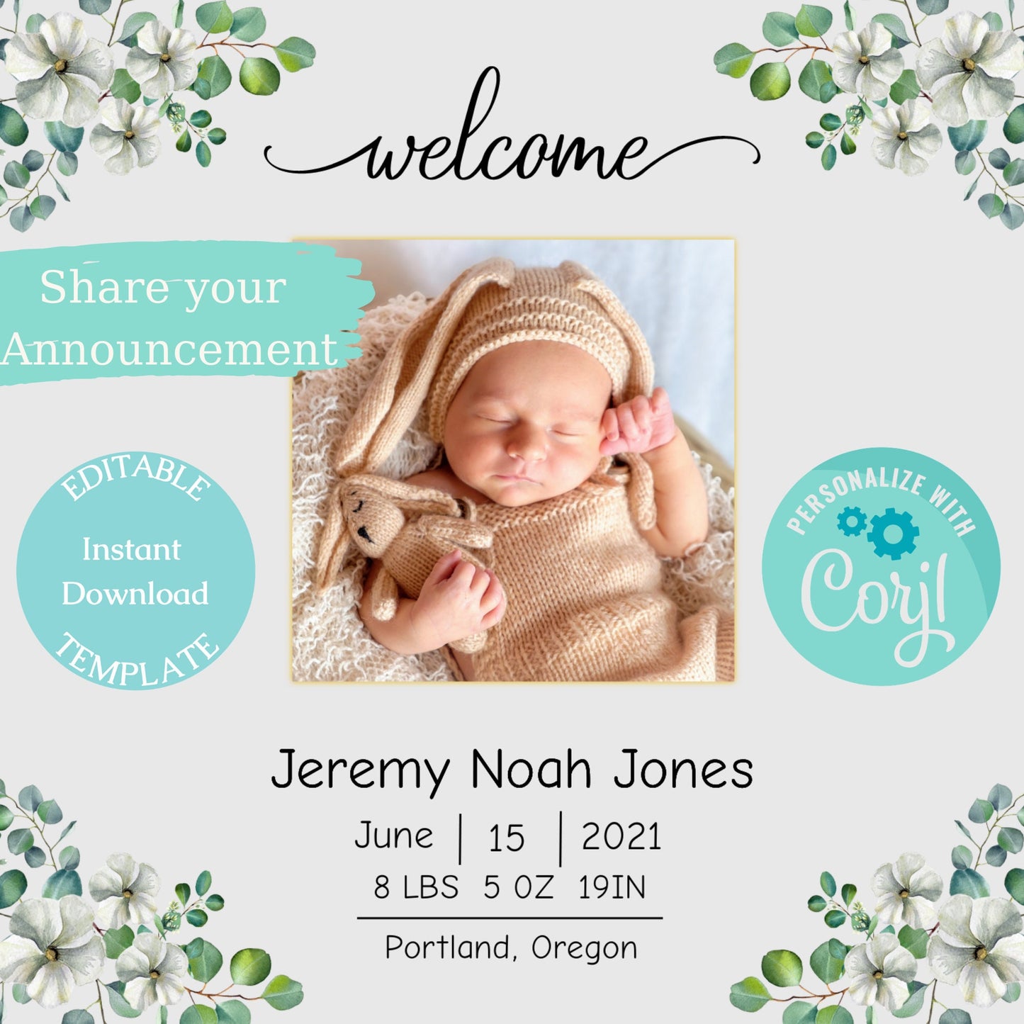 Elegant Baby Birth Announcement Template, Floral Social Media Post Birth Announcement, Editable Digital Download