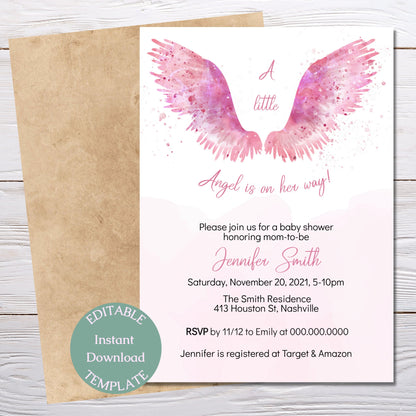 Angel Wings Baby Shower Invitation Template, Pink Wings Baby Shower Girl Invite, Editable Template, Instant Download