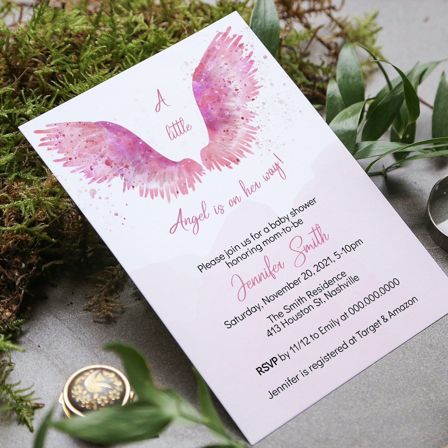 Angel Wings Baby Shower Invitation Template, Pink Wings Baby Shower Girl Invite, Editable Template, Instant Download