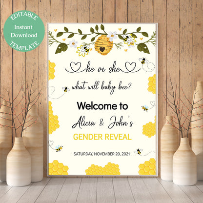 Bee Gender Reveal Welcome Sign Template, He or She, What Will It Bee Baby Shower, Editable Template, Instant Download