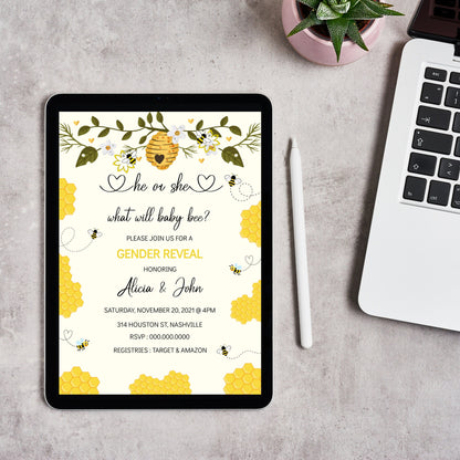 Bee Gender Reveal Invitation Template, He or She, What Will It Bee Baby Shower, Editable Template, Instant Download