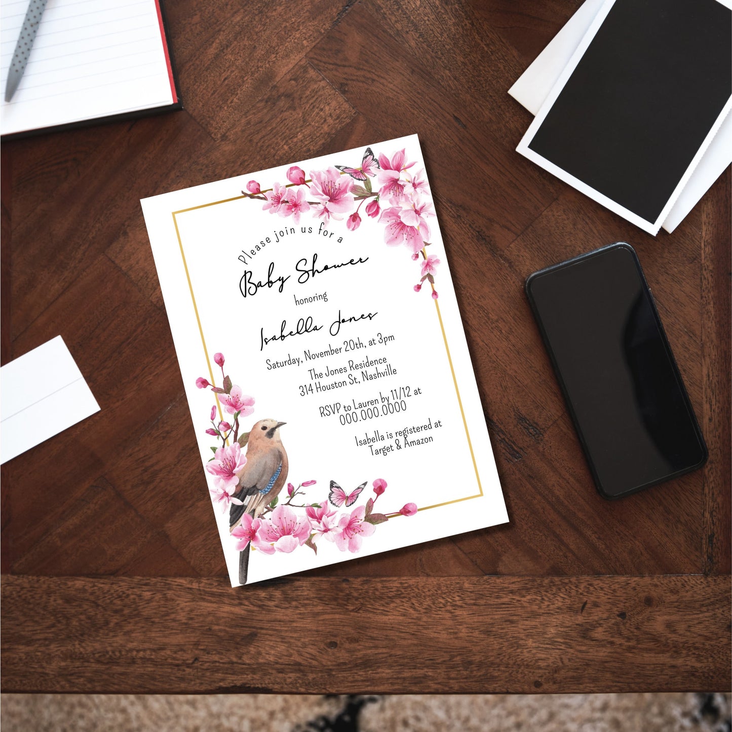 Floral Bird Baby Shower Invitation Template, Modern Girl Flowers Baby Shower Invite, Editable Template, Instant Download