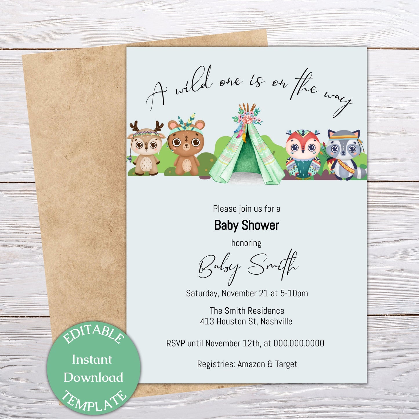 Tribal Boho Baby Shower Invitation Template, Wild Tribal Bohemian Animals, Editable Digital Template, Instant download