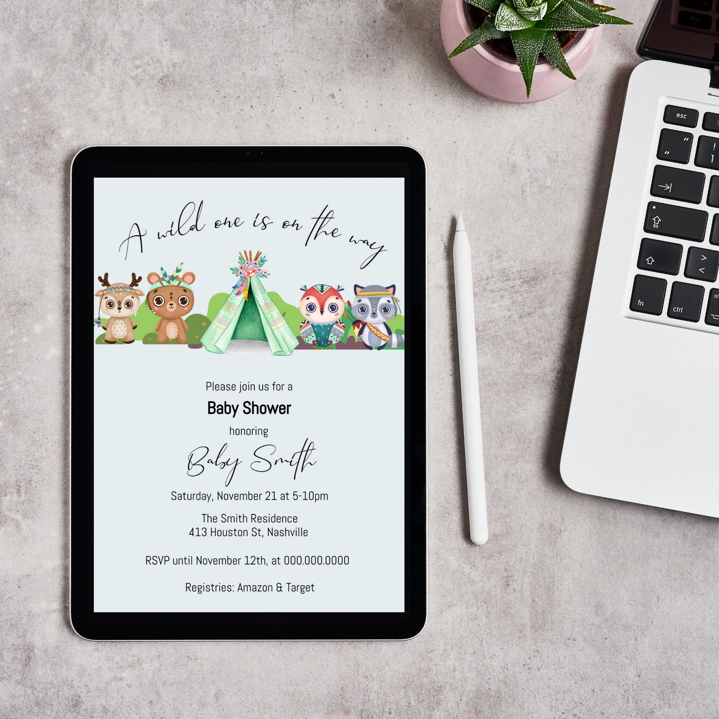 Tribal Boho Baby Shower Invitation Template, Wild Tribal Bohemian Animals, Editable Digital Template, Instant download