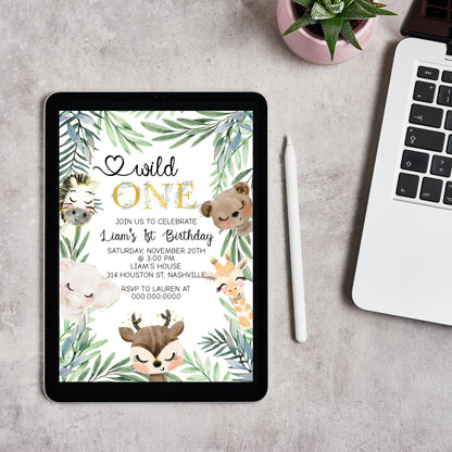 Safari Birthday Invitation, Wild One 1st Birthday Invite, Gold Jungle Animals invitations, Printable Template, Instant Download