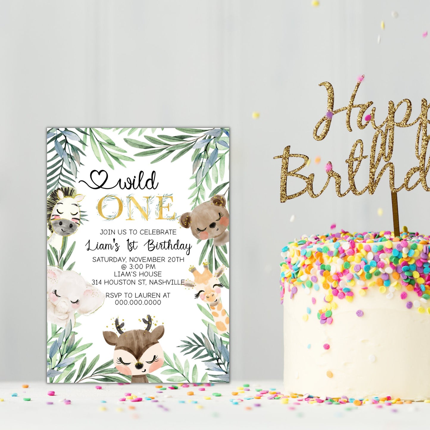 Safari Birthday Invitation, Wild One 1st Birthday Invite, Gold Jungle Animals invitations, Printable Template, Instant Download