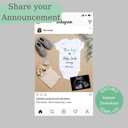 Social Media Pregnancy Announcement Template,  Custom Social Media Post, Boy Announcement, Editable Instant Download